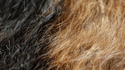 Close up shot of a dog's fur featuring brown and black hairs