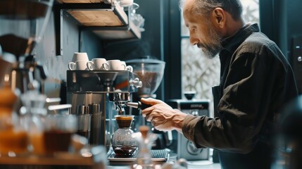 The barista, concentrating hard, operates a modern coffee machine, meticulously crafting a perfect cup of coffee infused with dedication and a love for the art of coffee making.
