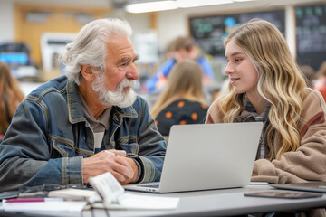  A heartwarming scene of intergenerational learning unfolds as a senior mentor with a white beard and a denim jacket engages in a meaningful conversation with a young female student with long blonde.