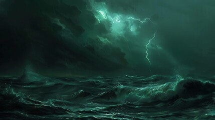 Naklejka premium Simplistic dark ocean storm with jade green lightning, smooth waves under a dark emerald night sky