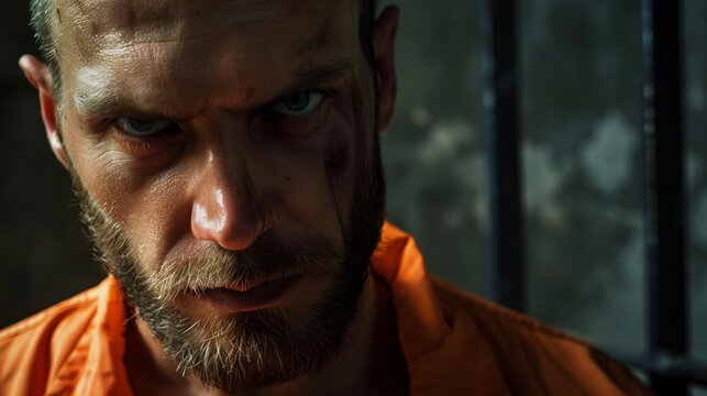 A prisoner is seen behind bars, wearing an orange jumpsuit, symbolizing punishment, confinement, and the harsh reality of prison life.