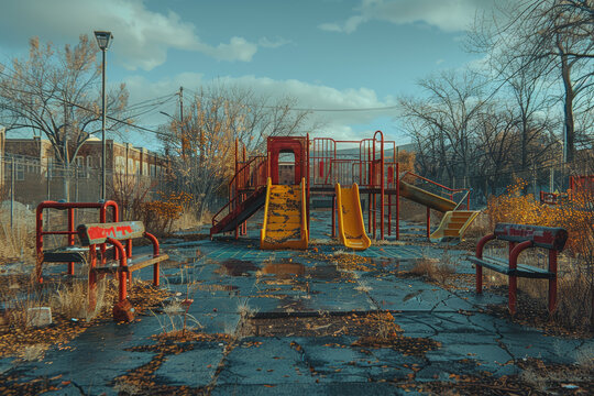 An empty playground in a deserted town, representing lost innocence. Concept of abandonment and loss. Generative Ai.