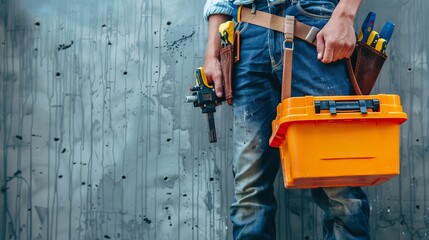 A person stands on a construction site with various heavy-duty tools attached to their belt while carrying an orange toolkit, displaying readiness and organization.