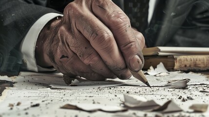 An older person's hand underscores the meticulous use of a pencil on aged paper, symbolizing diligence, craftsmanship, and hard-earned wisdom in a nostalgic setting.
