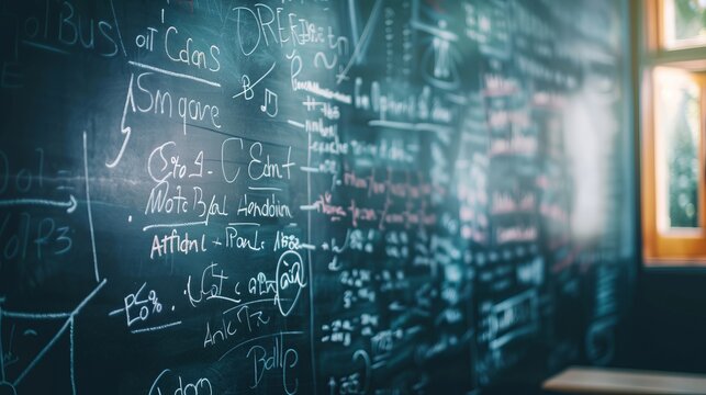 A chalkboard filled with complex mathematical equations and diagrams in a brightly lit classroom, illustrating advanced mathematical concepts and problem-solving techniques.