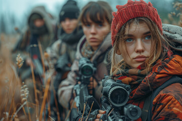 Fototapeta premium A group of survivors defending against a threat, highlighting cooperation. Concept of defense and community. Generative Ai.