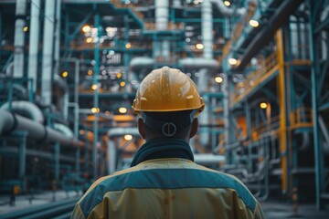 Fototapeta premium A man wearing a hard hat and protective gear in a busy industrial setting