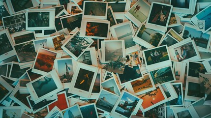 A variety of colorful Polaroid pictures spread across a flat surface, capturing diverse moments and scenes, reflecting the vibrancy and range of everyday life experiences.