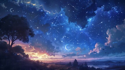 Celestial scene with constellations forming shapes of hearts shooting stars streaking across the sky and a crescent moon casting a soft glow over the landscape
