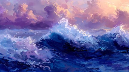 Simplistic depiction of stormy sea waves, pastel blues and purples