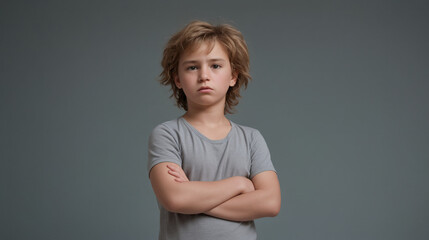 Fototapeta premium A very upset and agitated child crosses his arms and is in a bad mood and angry at something and shows a grim facial expression or shouts loudly