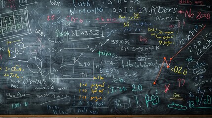 This vibrant blackboard image features a diverse array of colorful scientific and mathematical equations and formulas that symbolize creativity and intellectual curiosity in the learning process.