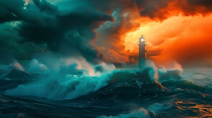 Simplistic lighthouse amidst a storm, turbulent sea, vibrant orange and teal, ultra HD quality
