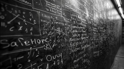 A detailed chalkboard filled with complex mathematical equations and symbols, representing intense academic study and intellectual pursuit in a university setting.
