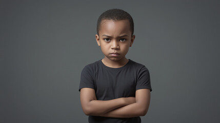 A very upset and agitated child crosses his arms and is in a bad mood and angry at something and shows a grim facial expression or shouts loudly