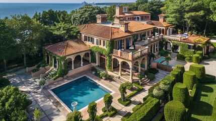 Fototapeta premium A grand Mediterranean-style villa boasting intricate architecture, an exquisite swimming pool, and lush greenery, epitomizing elegance and upscale living in a scenic setting.