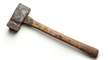 The image showcases a heavy-duty rustic hammer with an aged wooden handle, resting on a white surface, highlighting its worn and well-used appearance with distinct textures.