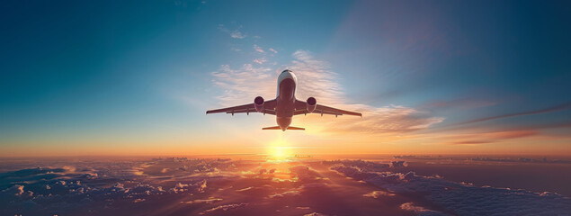 Commercial airplane flying above dramatic clouds during sunset.