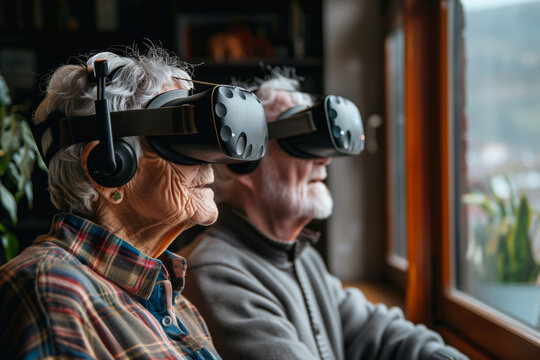 A joyful elderly couple sits on a cozy couch, fully immersed in a virtual reality gaming experience.