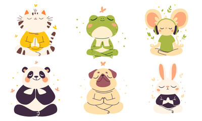 Naklejka premium Vector collection of animals in lotus pose. Pug, panda, rabbit, mouse, cat and frog in lotus pose meditating . Vector illustration