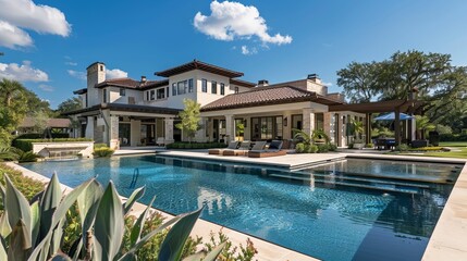 Fototapeta premium An elegant villa boasting a spacious swimming pool area under a clear blue sky, capturing the essence of luxury living and sophisticated architectural design amidst lush greenery.