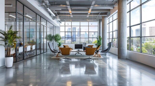 A vast open office space featuring sleek modern furniture, expansive glass walls with panoramic city views, creating a collaborative and innovative work environment.