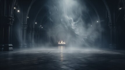 abstract renaissance empty big hall dark gothic light and smoke room