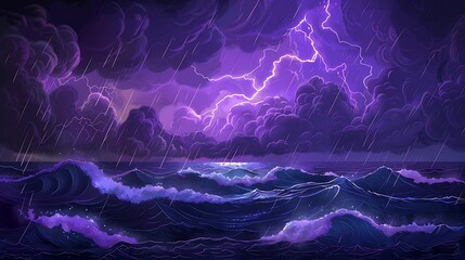 Simplistic stormy ocean with lightning strikes, turbulent waves under a purple-hued night sky