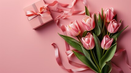 Obraz premium A simple yet elegant image of a pink gift box and a bundle of tulips with ribbons, showcasing a delicate and sophisticated setup against a soft pink backdrop.