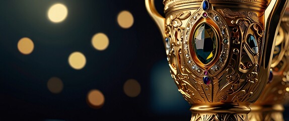 Obraz premium A majestic golden trophy, adorned with intricate engravings and sparkling gems, stands tall against a backdrop of triumphant champions. The embodiment of success and achievement