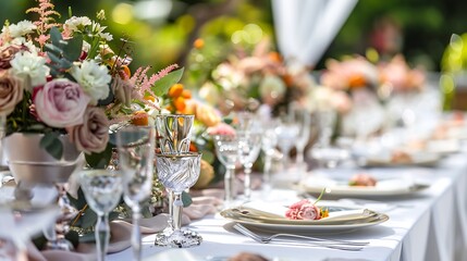 Wedding reception table decoration outdoor with table setup