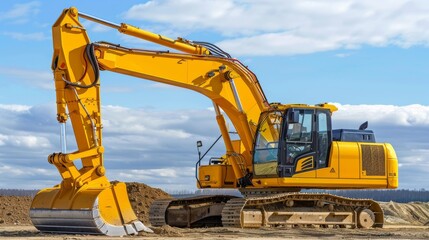 Massive digger working at a construction site on a bright day with clear sky and soft white clouds. It looks sleek and modern.