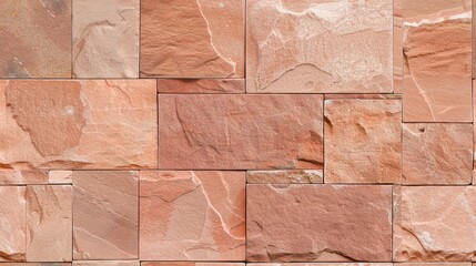 A close-up shot of a wall made of red sandstone blocks. The blocks are stacked horizontally and...