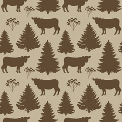 Cow seamless silhouette pattern. Farm animal in a meadow illustration. Wallpaper print.