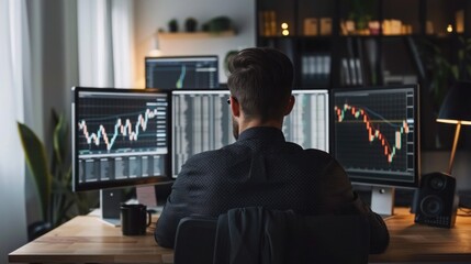 Male market analyst studying simple charts on computer screen in home office while sitting with back to viewer