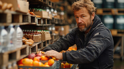 Mature man working as volunteer at community center and arranging donated food and water in boxes