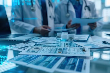 Healthcare professionals with investment documents, focus on, financial health, futuristic, manipulation, clinic backdrop