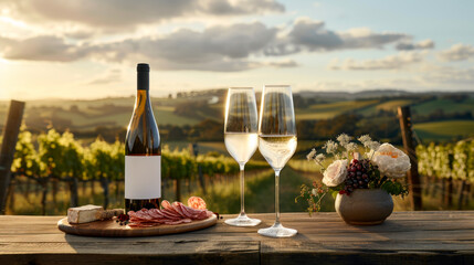 Food platter and wine served outdoors on vineyard, decorated with field flowers
