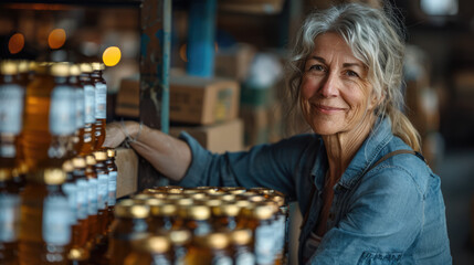 Obraz premium Mature woman working as volunteer at community center and arranging donated food and water in boxes