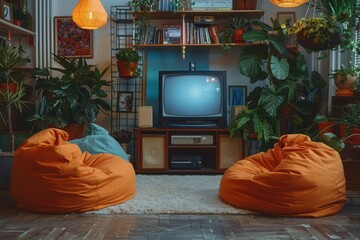 Retro Living Room With Bean Bag Chairs and a Television