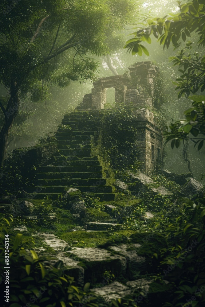 Poster a stone structure stands amidst a dense forest, surrounded by trees and foliage
