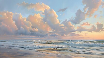 Soft, pastel-colored clouds drifting above South Haven Beach at sunset, casting a warm glow over the tranquil waves.