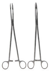 Metal surgical forceps on isolated background.
