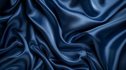 Fototapeta premium Dark blue silk satin background with soft folds on shiny fabric Luxury background with space for text or design Web banner format