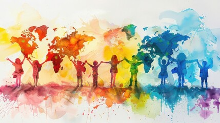 A colorful watercolor painting of children holding hands around the world, symbolizing unity and global connection.