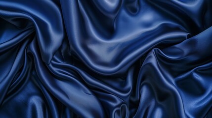 Obraz premium Dark blue silk satin background with soft folds on shiny fabric Luxury background with space for text or design Web banner format