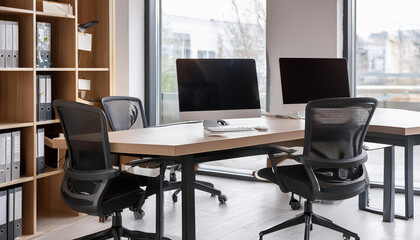 Fototapeta premium Office coworking interior with armchairs and pc on desks, panoramic window