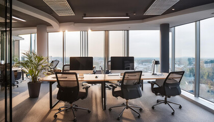 Office coworking interior with armchairs and pc on desks, panoramic window