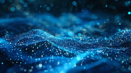 Moving particles create an abstract digital background. This background represents the flow of information in digital space. It also shows how big data is visualized in 3D.