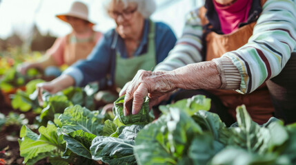 Senior women working in a community garden, nurturing and harvesting fresh vegetables, enjoying outdoor activities and promoting healthy living